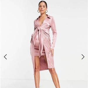 ASOS DESIGN Maternity long sleeve wrap collar midi dress in dusky pink - SIZE 6